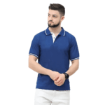 Navy blue men striped polo tee on model