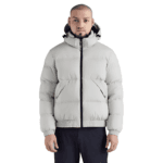 Black men puffer jacket with hood in winter setting