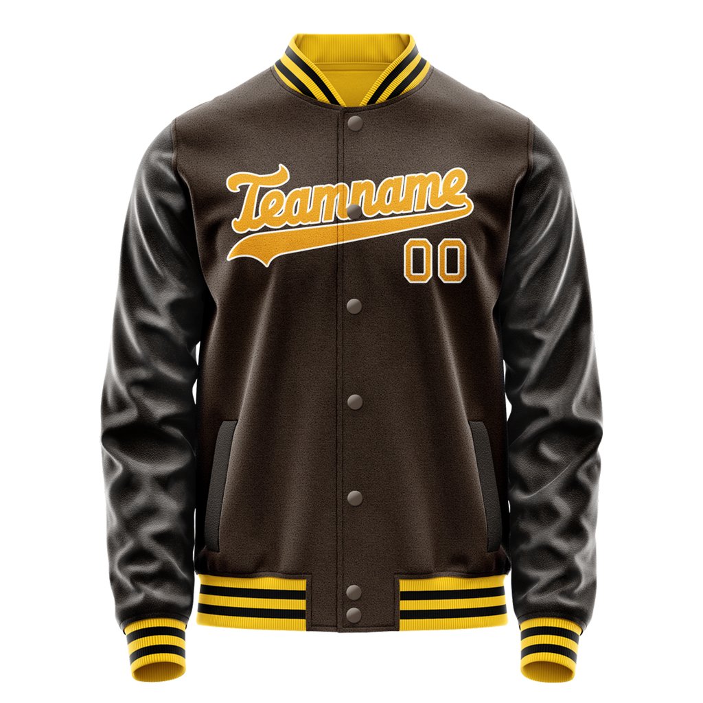 Brown and gold varsity team jacket with embroidered letterman details