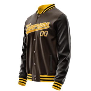 High-quality brown varsity jacket with detailed letterman stitching