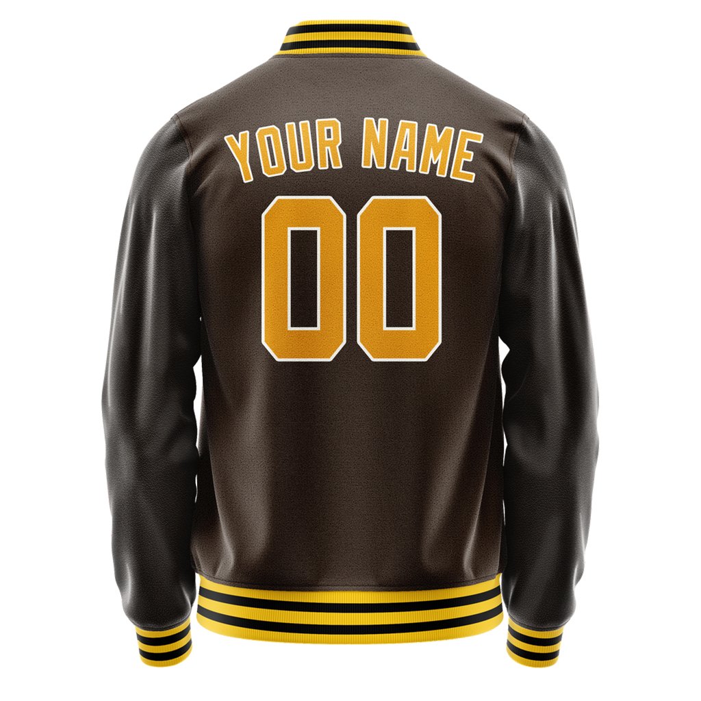 Back view of custom varsity team jacket with name and logo embroidery