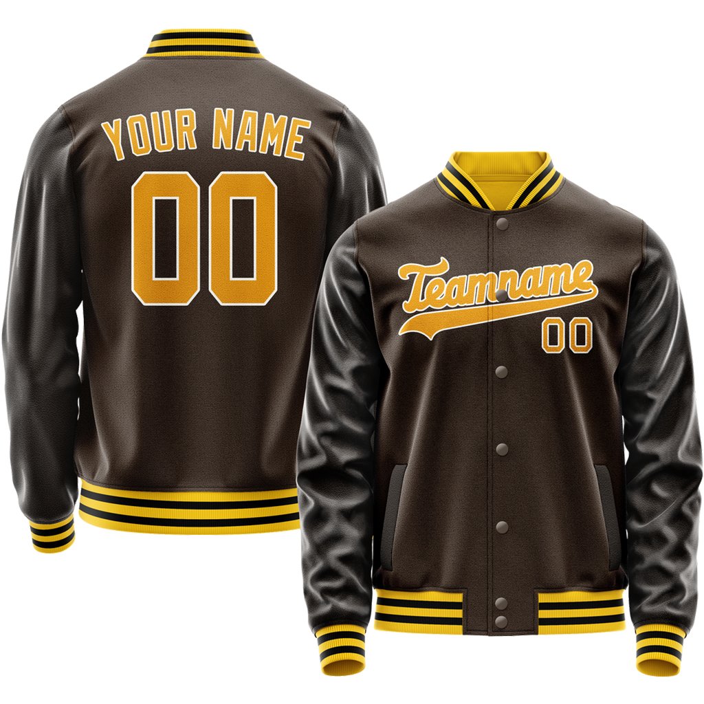 Athlete wearing brown and gold varsity team jacket at school event