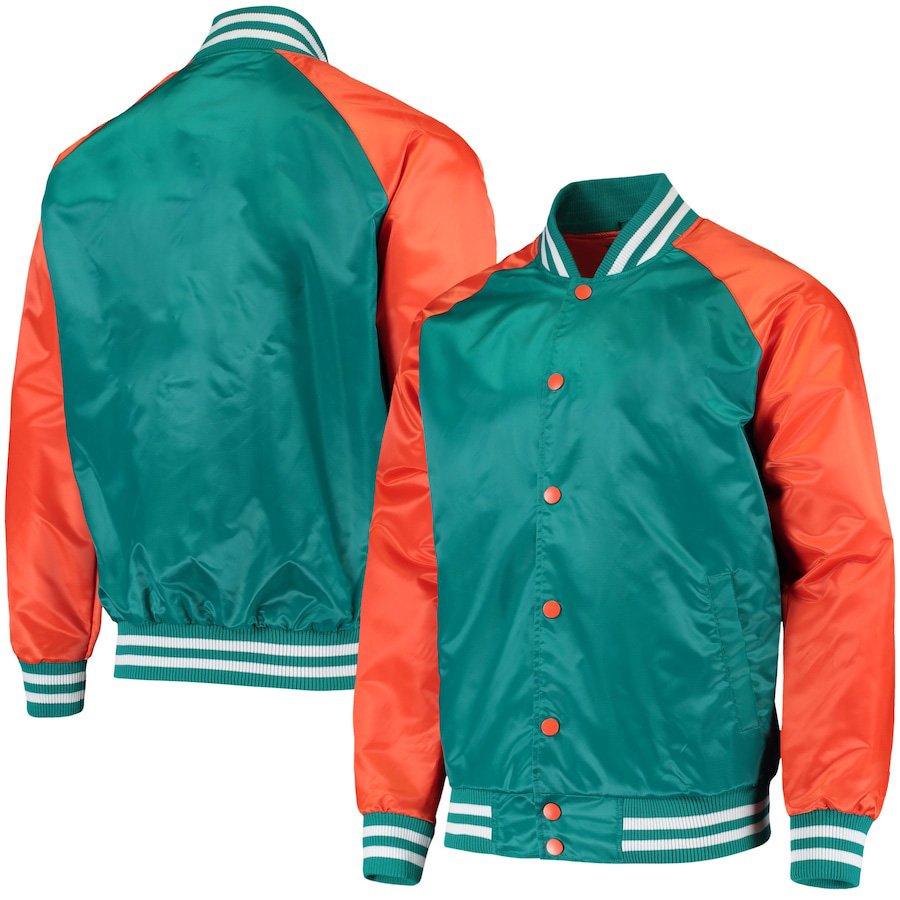Custom satin varsity jacket in orange, black, and sea green