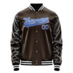 Custom light brown and black varsity team jacket with blue and white logo